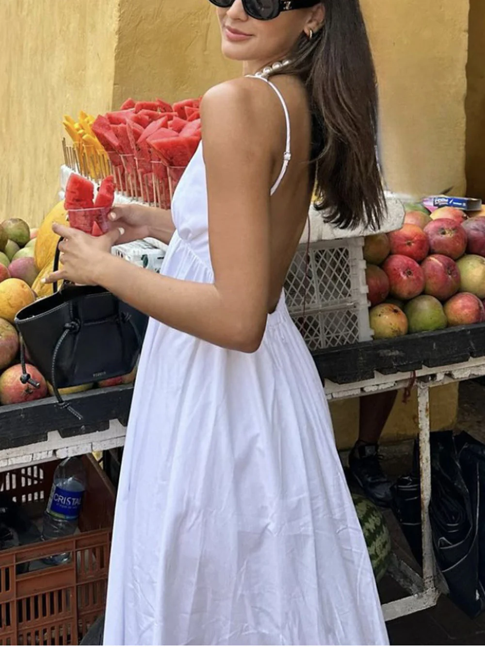 V-neck Solid Color Halter Dress