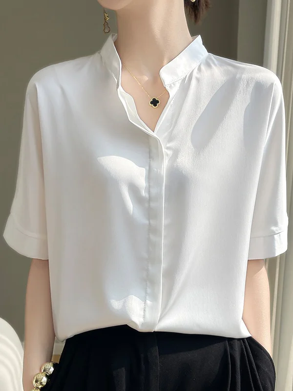 Loose Short Sleeves Buttoned Solid Color Stand Collar Blouses&Shirts Tops