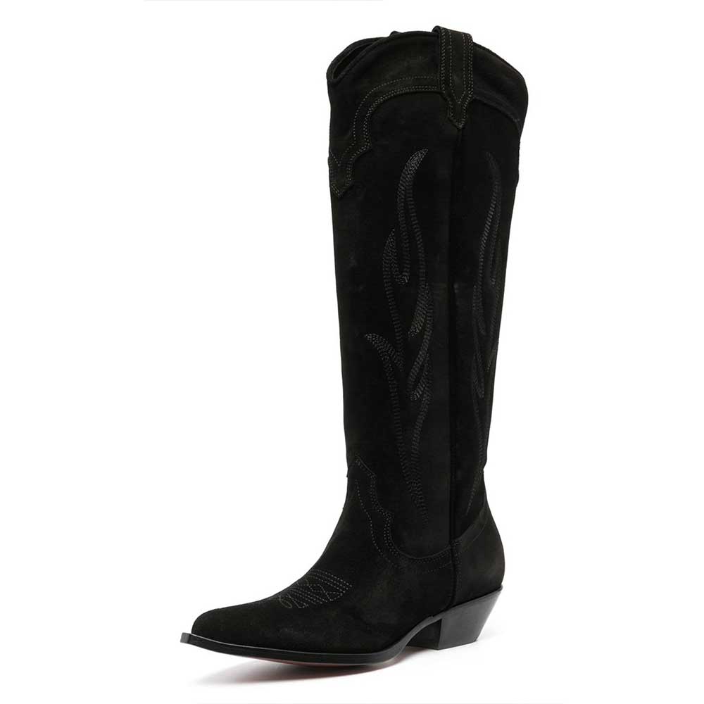 Black Pointed Faux Suede Wide Calf Knee-High Cowgirl Boots with Block Heels Nicepairs