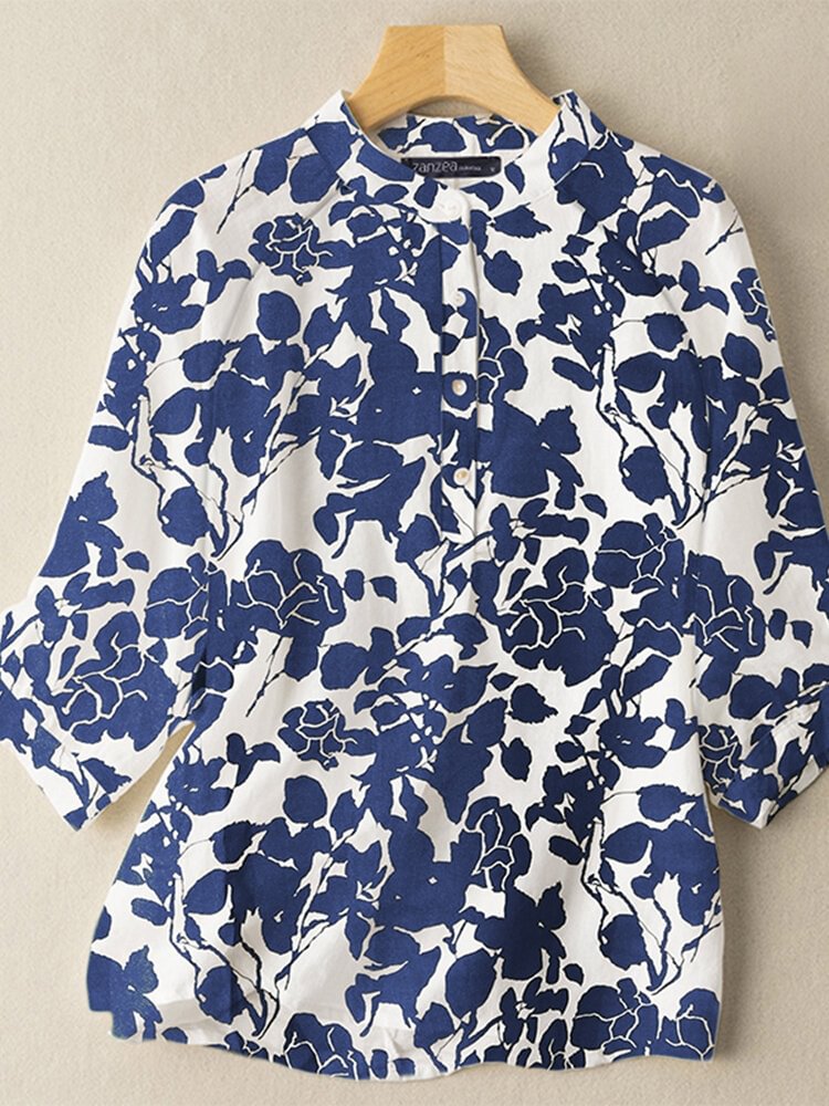 Plant Print Button Stand Collar Casual Blouse