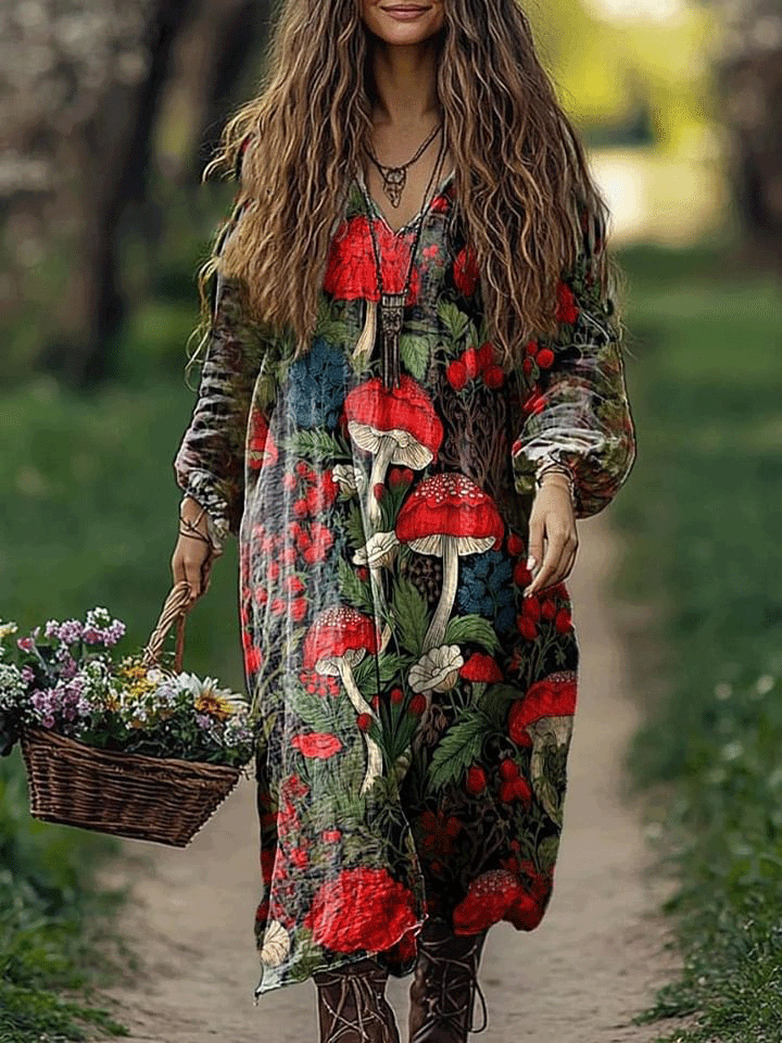 Women's Mushroom Art Pattern Print Loose V Neck Pocket Cotton Dress