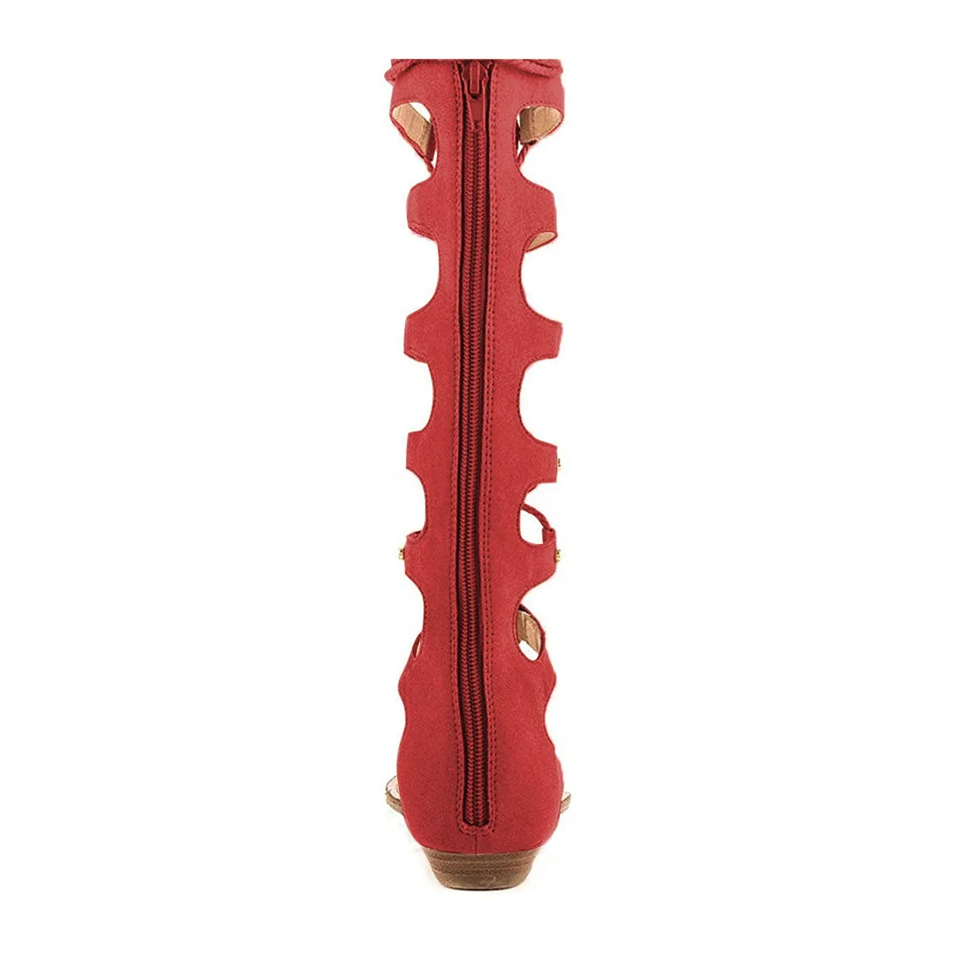 Red Faux Suede Round Toe Cut-Out Lace-Up Studded Knee High Gladiators