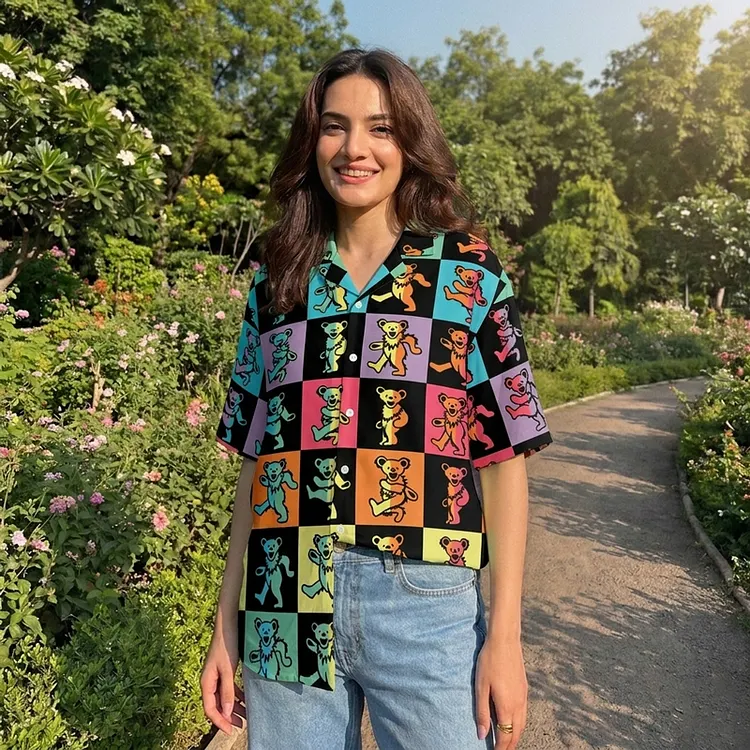 Vintage Grateful Dead Skull & Bear &Terrapin Graphic Cuban Collar Short Sleeve Shirt &ndash; Unisex Retro Cotton Top