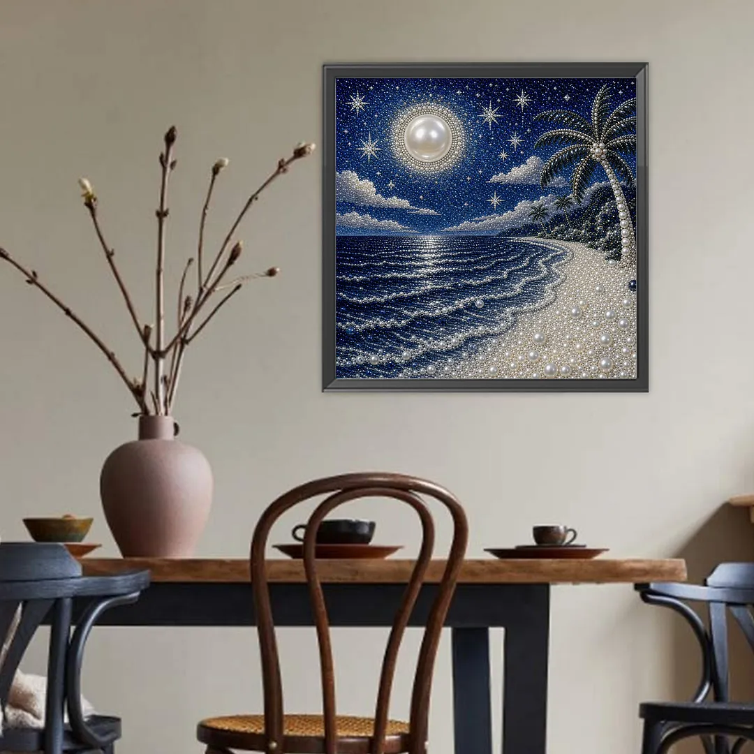Night Beach Pearl Full DIY 5D Round Drill Gem Art Diamond Painting Kits 15.75x15.75 in Diamond Dots Paintings Picture Arts Craft Diamond Art Kits for Adults Beginner Home Wall Decor