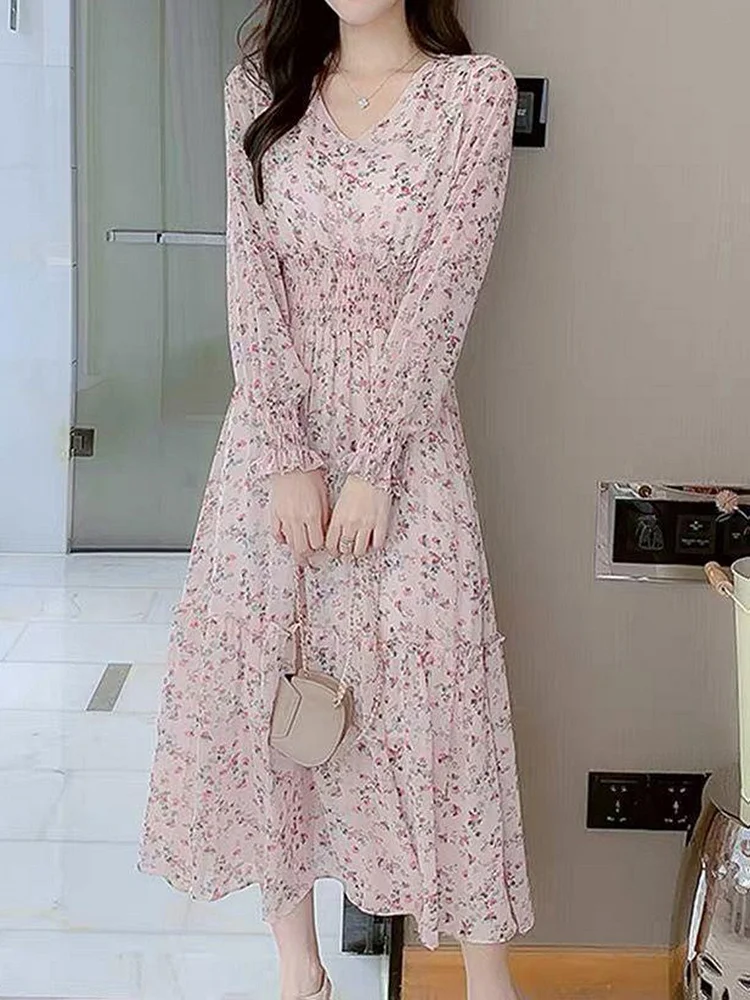 Classic Floral Ruffle Chiffon Dress-Light Pink
