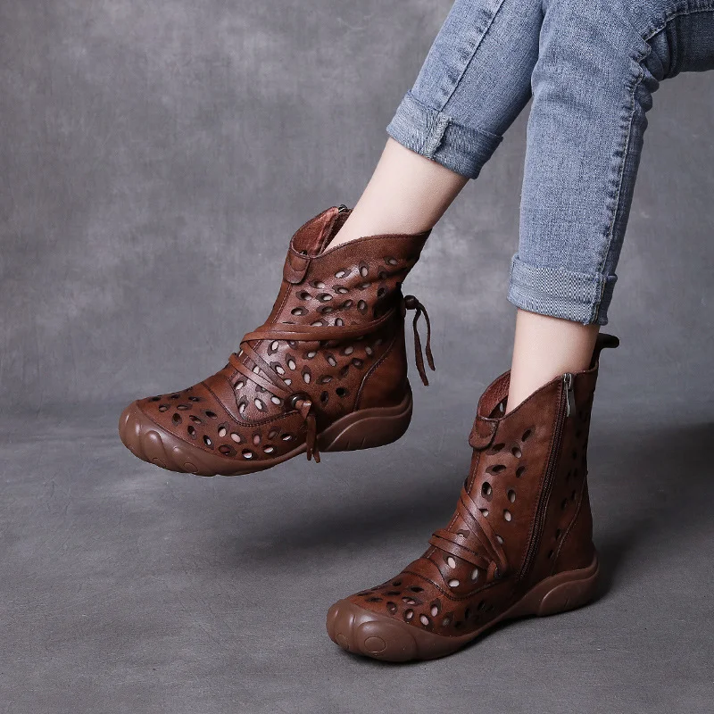 Yyvonne Style Retro Handmade Cool Boots Women Spring And Summer New Leather Hollow Hole Shoes Soft Back Breathable High Help Single Boots Woman
