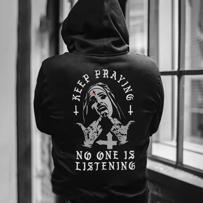 Motosunny Keep Praying No One Is Listening Nun Graphic Black Print Hoodie