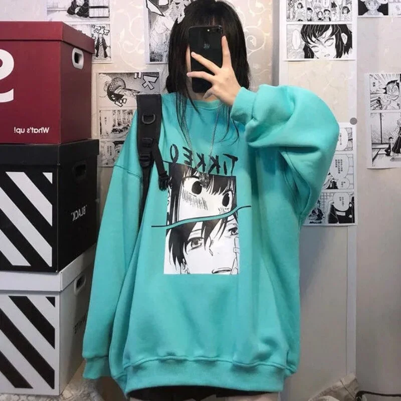 Cartoonh Kawaii Cartoon Anime Print Pullover Sweatshirt Women Harajuku Oversize Pink Hoodies Female Cute Loose Long Sleeve Tops