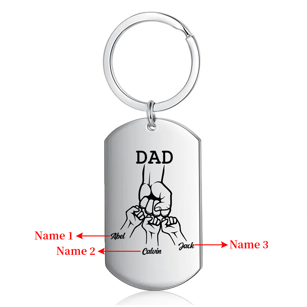 3 Names - Personalized Fist Pendant Keychain Gift Set - Customized Photo Special Gift for Dad