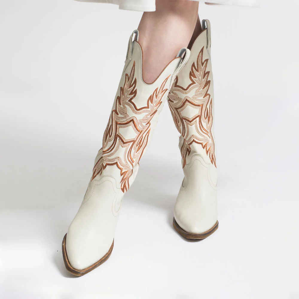 Ivory Chunky Heel Embroidered Snip Toe Western Cowgirl Boots for Women