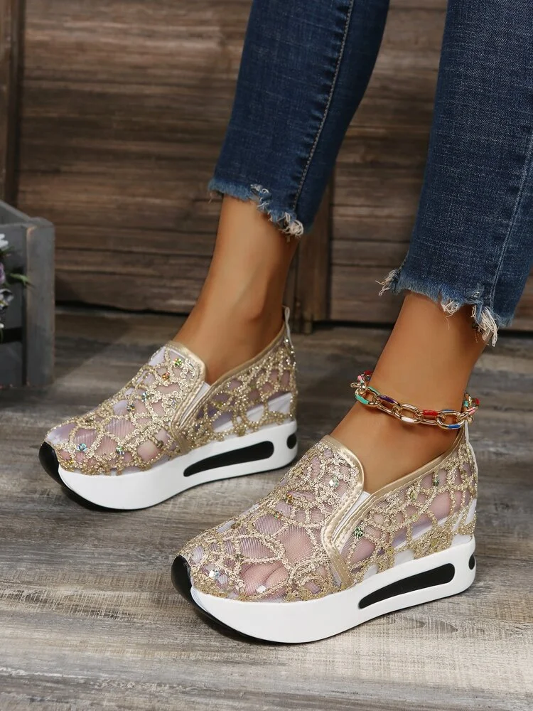 Sequin Decor Mesh Panel Slip-On Wedge Sneakers  Stunahome.com