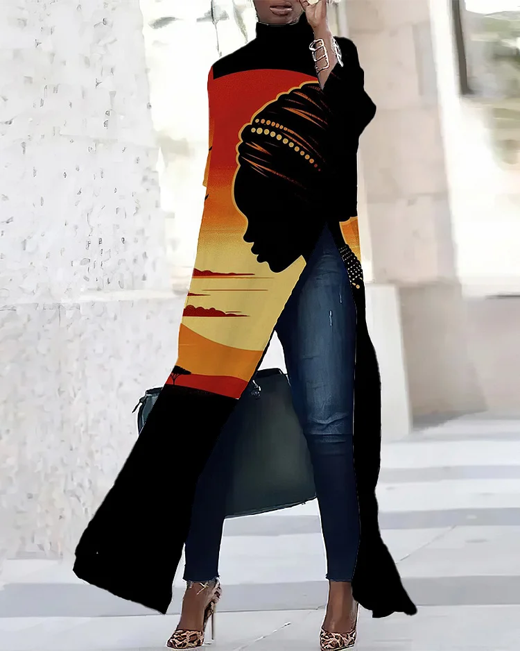 Ethnic Retro Print Three-quarter Sleeve Slit T-shirt Dress