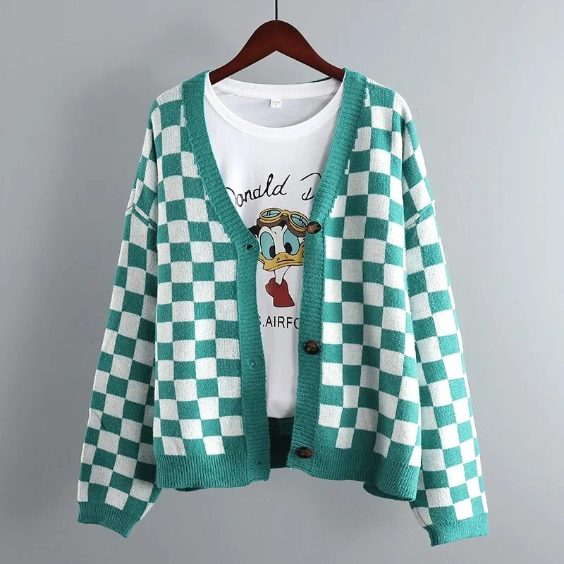 Toloer Plaid Vintage Knitted Single-breasted Women's Sweater Cardigan Korean Fashion Long Sleeve Jacket Coat Cardigans