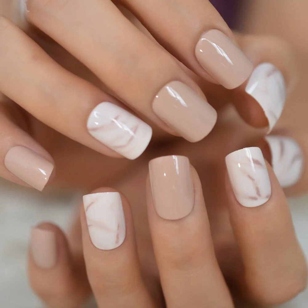 Natural Nude Color Press On Nails Marble White Artificial False Nails Square Short Glossy Pattern Tips with Glue Sticker 113-Nail Inspo