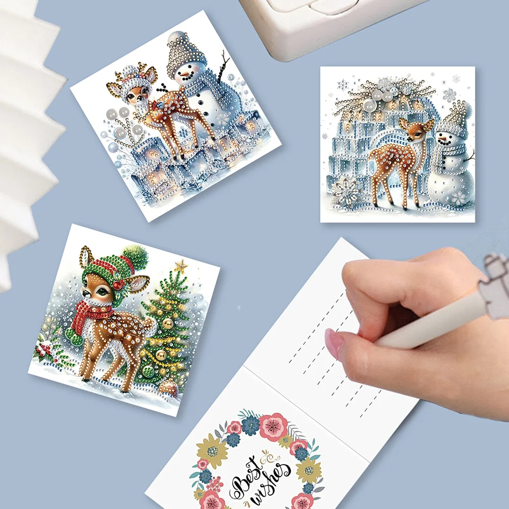 6pcs DIY Christmas Snowman Deer DIY Diamond Painting Card for Friends Family Gift【With White Envelope】