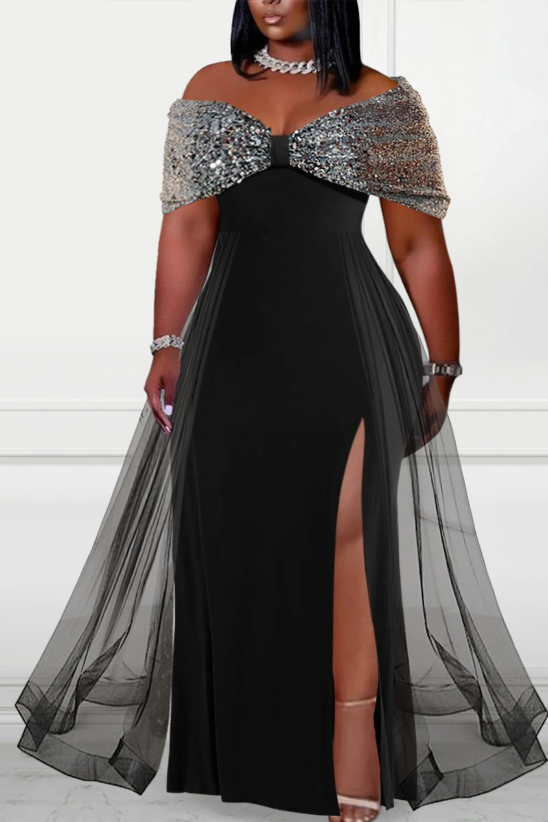 Plus Size Black Formal Sequin Off The Shoulder Tulle High Slit Overlay Skirt Maxi Dresses