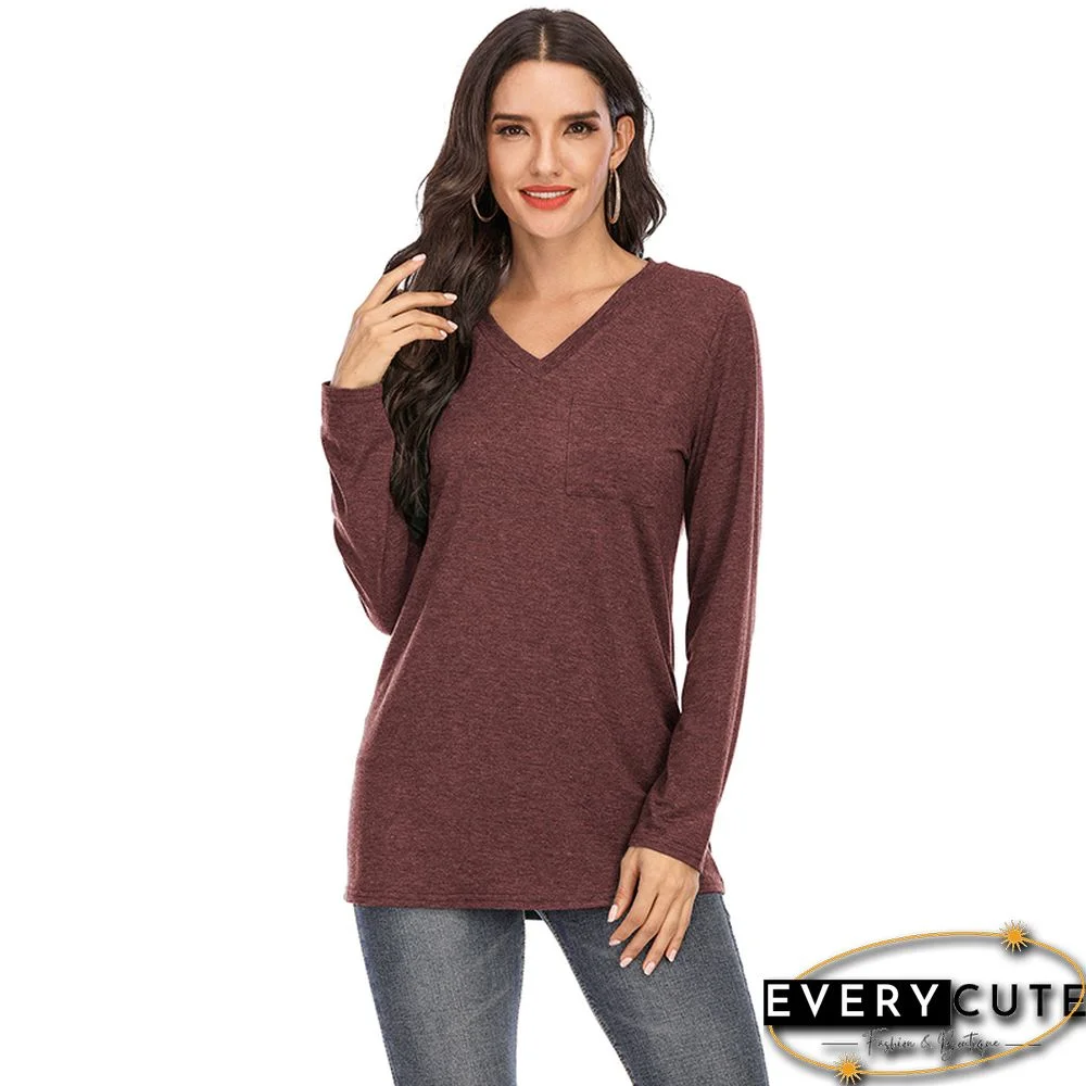 Wine Red Pockted V Neck Long Sleeve Tops