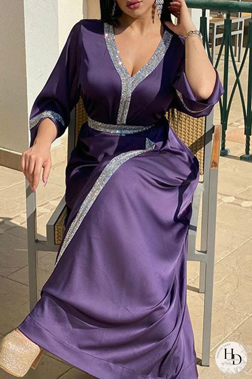 Royal Blue Casual Solid Patchwork Hot Drill V Neck Straight Dresses