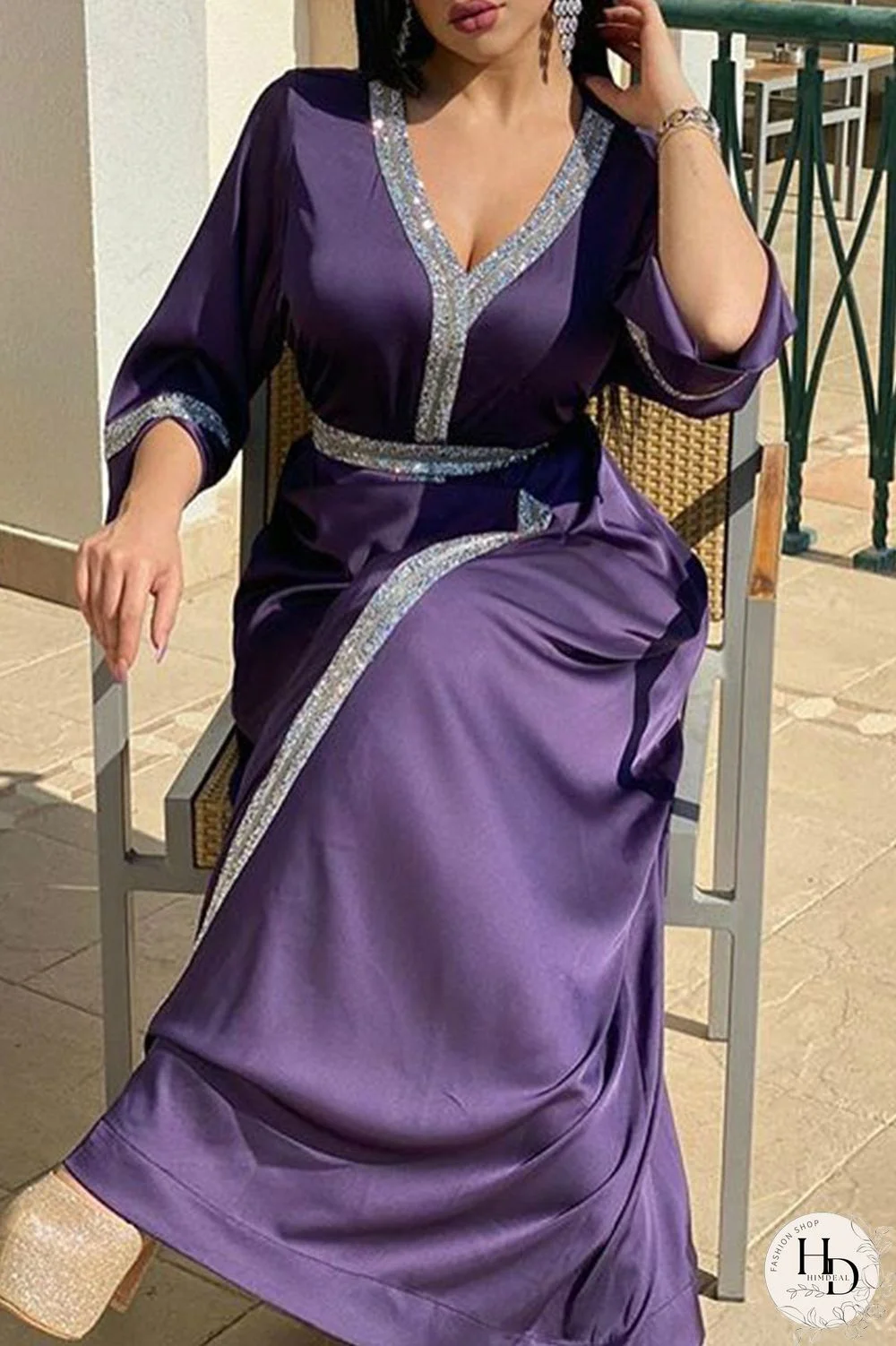 Royal Blue Casual Solid Patchwork Hot Drill V Neck Straight Dresses