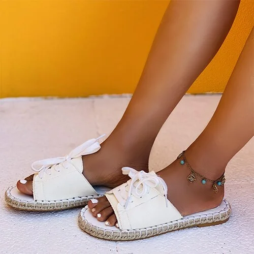 2021 Women Denim Slippers Female Sewing Lace Up Summer Flat Laides Beach Casual Shoes Woman Open Toe Comfort Slides Plus Size