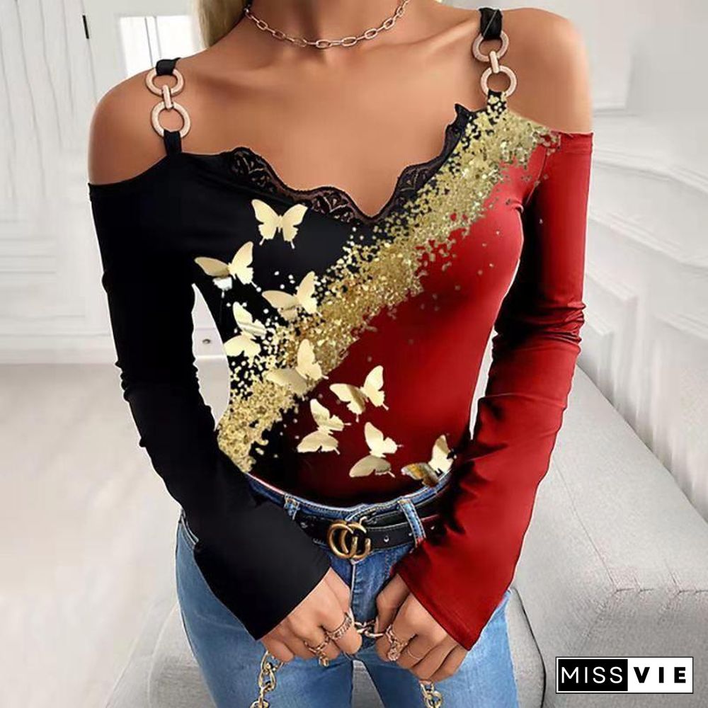 Off Shoulder Hot Stamping Butterfly Top