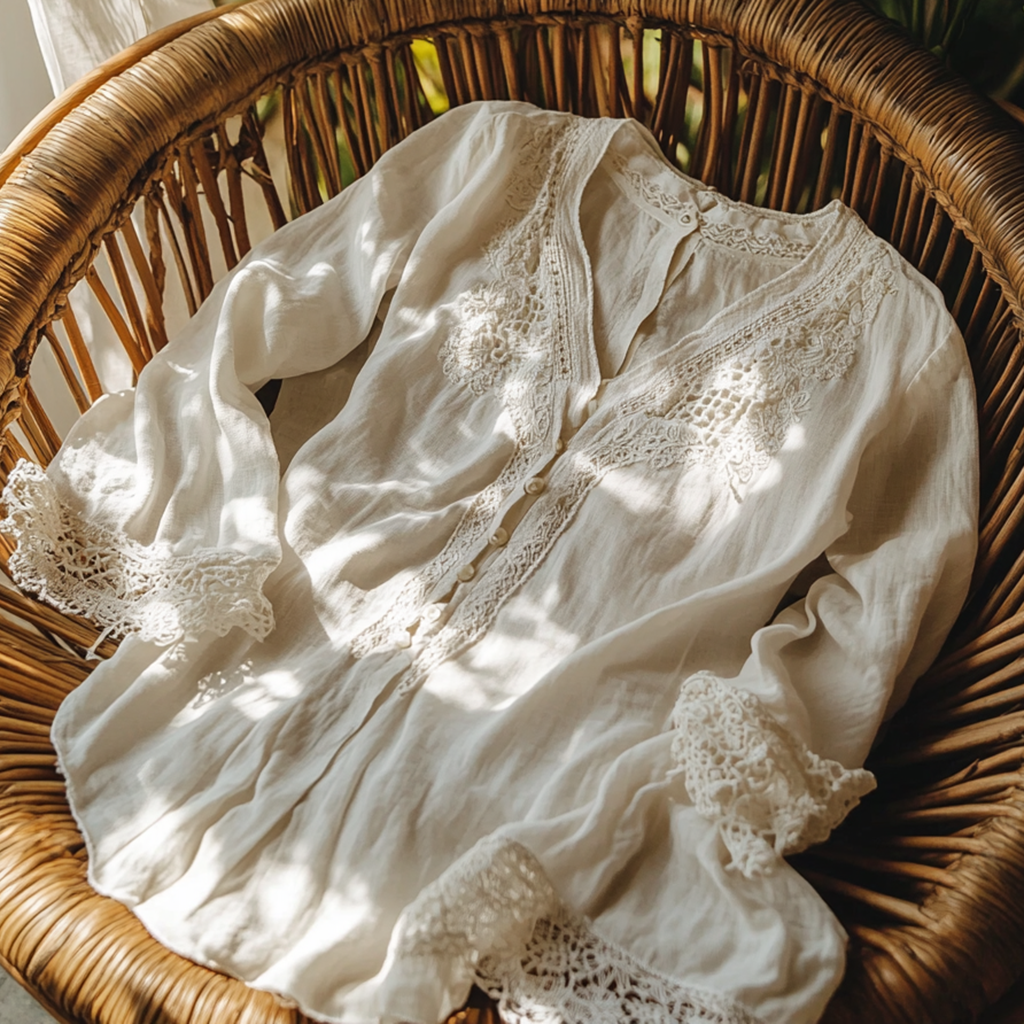  Vintage Lace Trimmed Blouse with Elegant Crochet Details