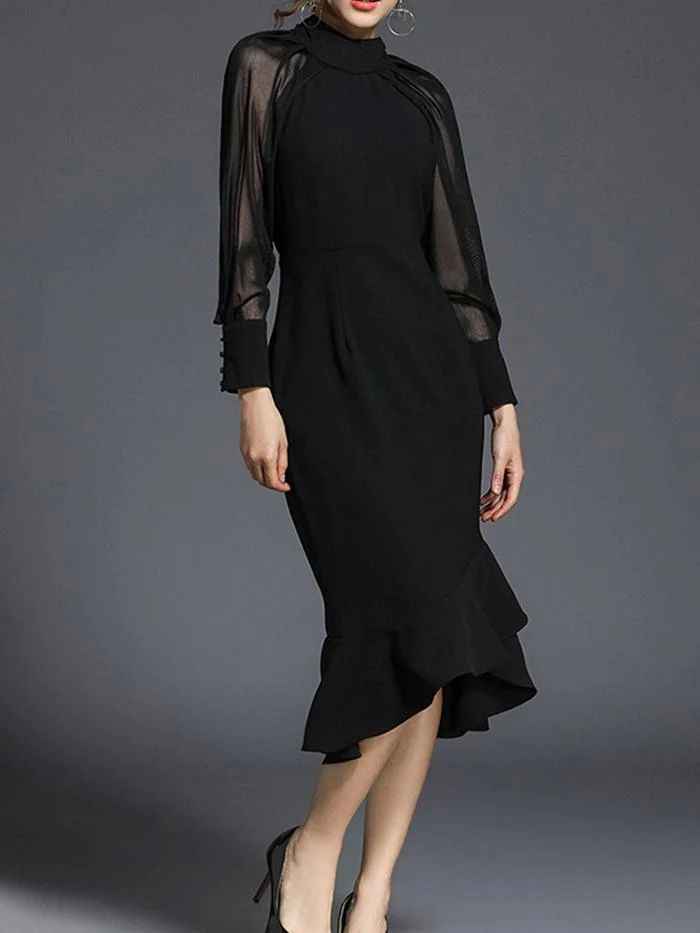 Fashion Stitching Solid Color Long-sleeved Dress