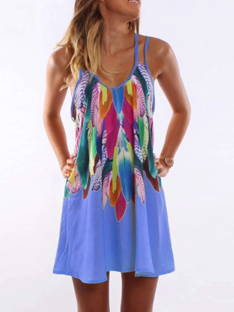 Round Neck Colorful Feather Printed Shift Dress