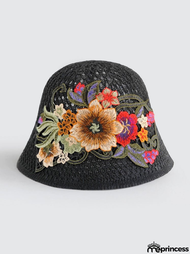 Ethnic embroidered flowers in summer breathable hollow sunscreen fisherman hat female sunshade Joker bucket hat Sun basin hat