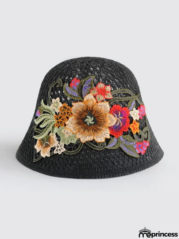 Ethnic embroidered flowers in summer breathable hollow sunscreen fisherman hat female sunshade Joker bucket hat Sun basin hat