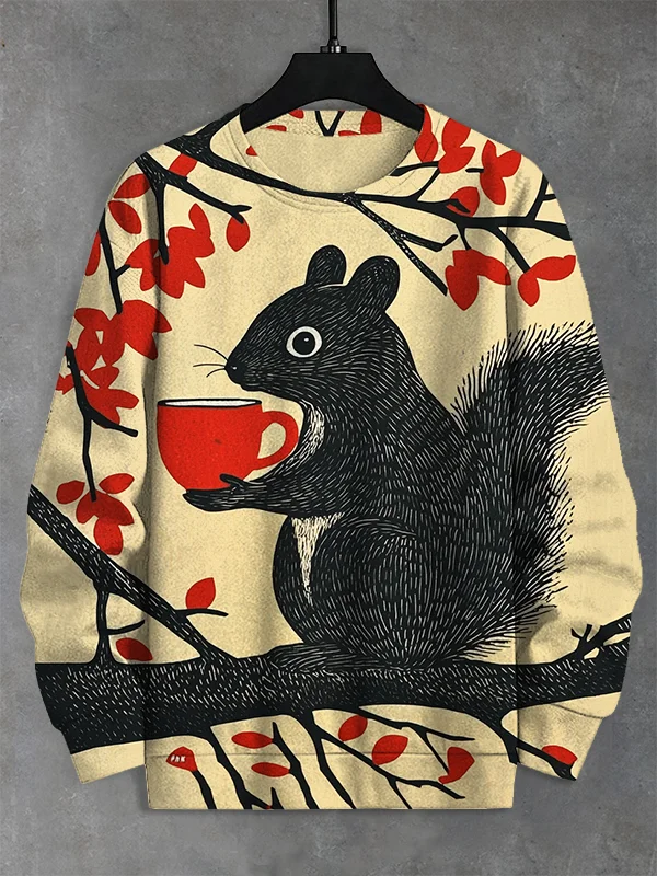 Men's Squirrel Drinking Coffee In A Tree Art Print Casual Sweatshirt