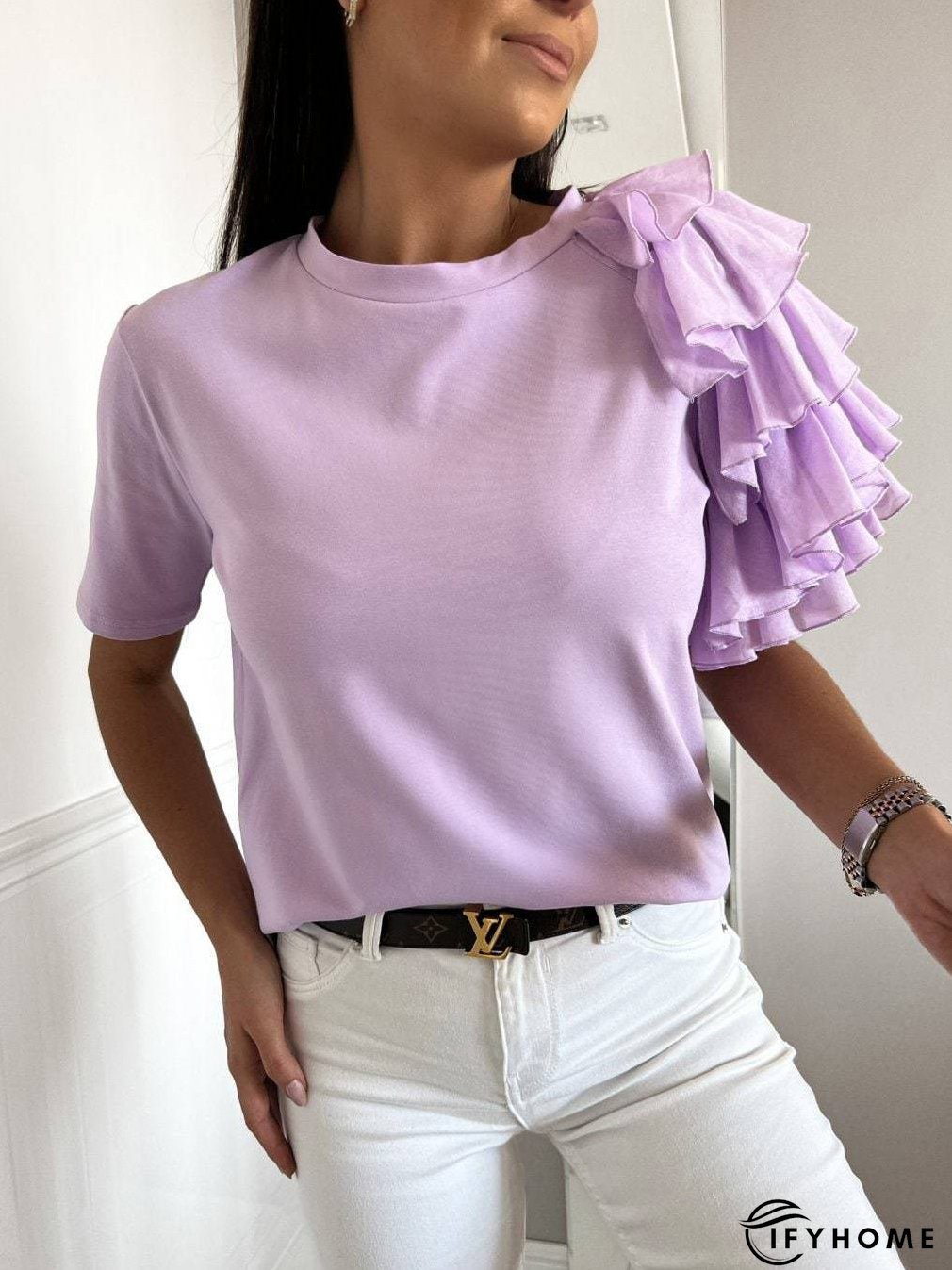 Women's T-Shirts Solid Simple Ruffle Short Sleeve T-Shirt | IFYHOME