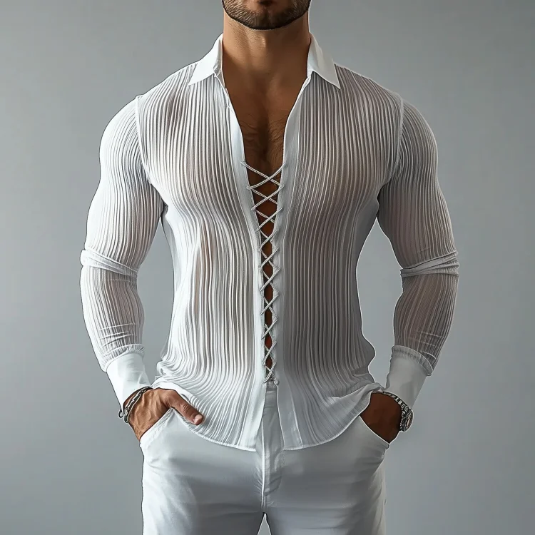 Okaywear Turndown Collar Pleated See-Through Lace Up Long Sleeve Shirt 