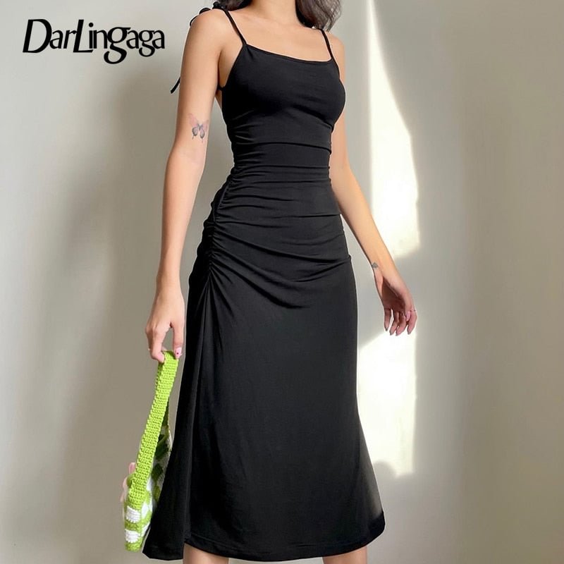 Darlingaga Fashion Strappy Ruched Sexy Black Dress Irregular Elegant Backless Long Dress Party Summer Dresses Women 2021 Clothes