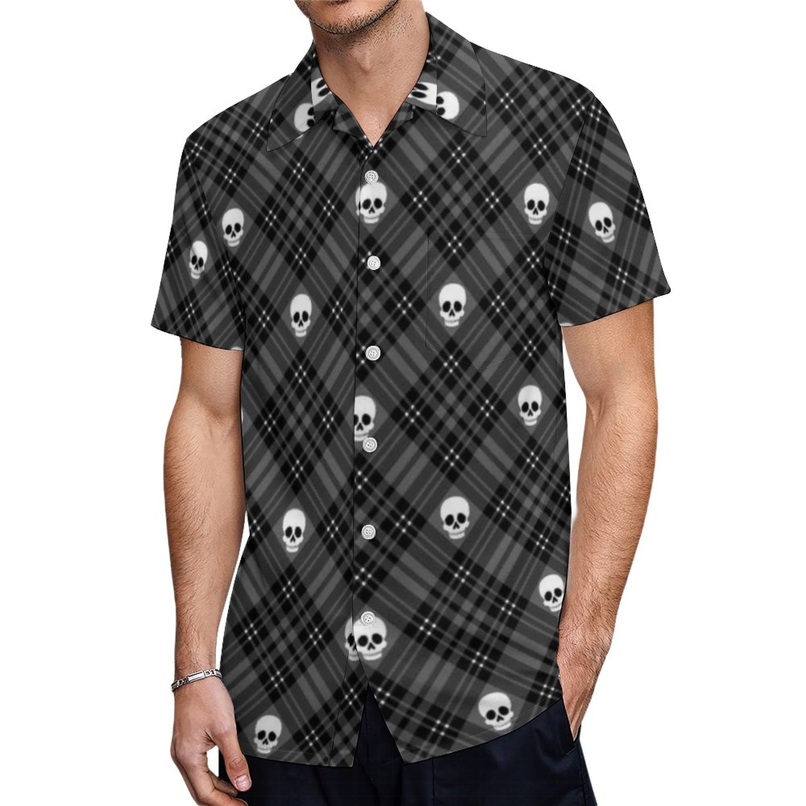 Black Plaid With Skulls Hawaiian Shirt Mens Button Down Plus Size Tropical Hawaii Beach Shirts