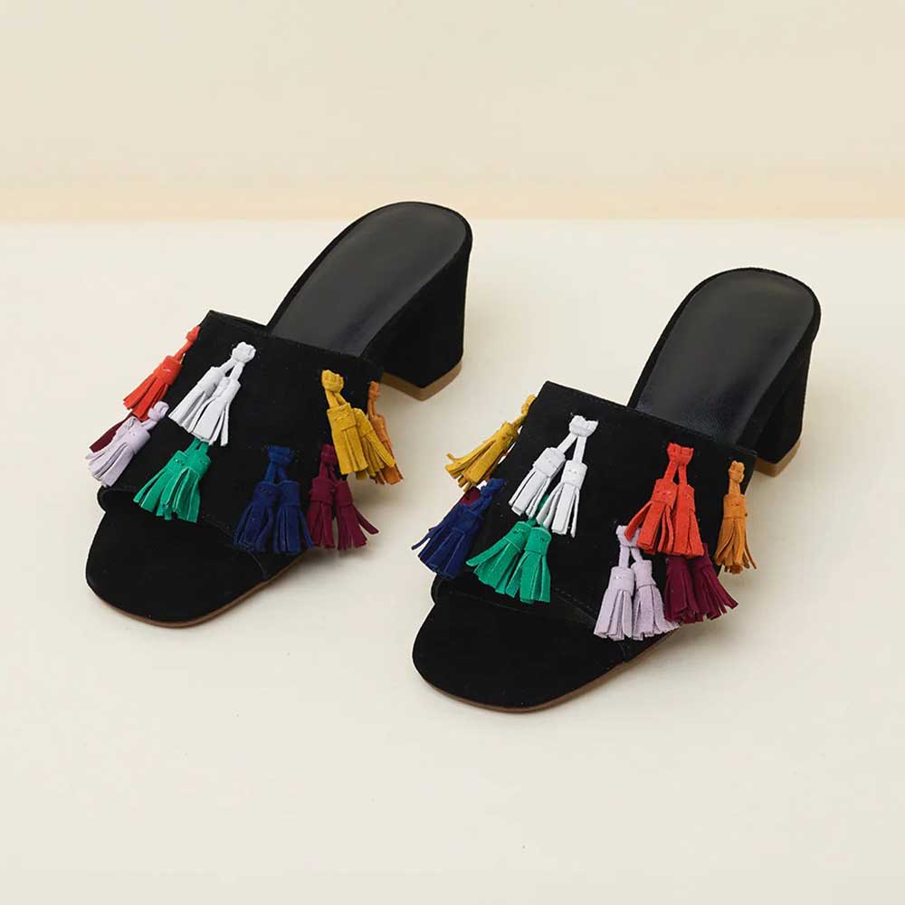 Women's Black Square Toe Mid Block Heel Slip On Tassel Summer Sandals Nicepairs