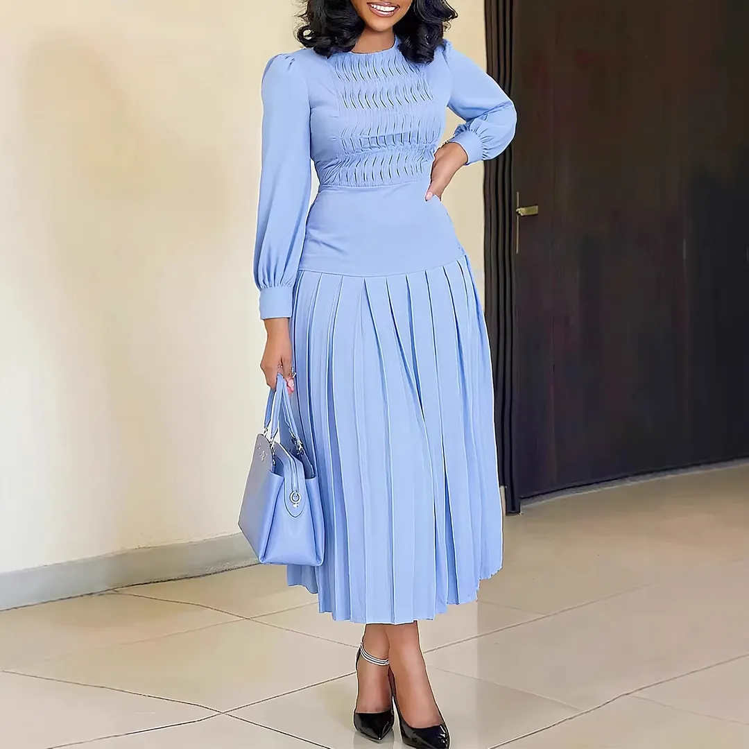 Women Round Neck Puff Long Sleeve Smocked Waist Pleated Midi Dress