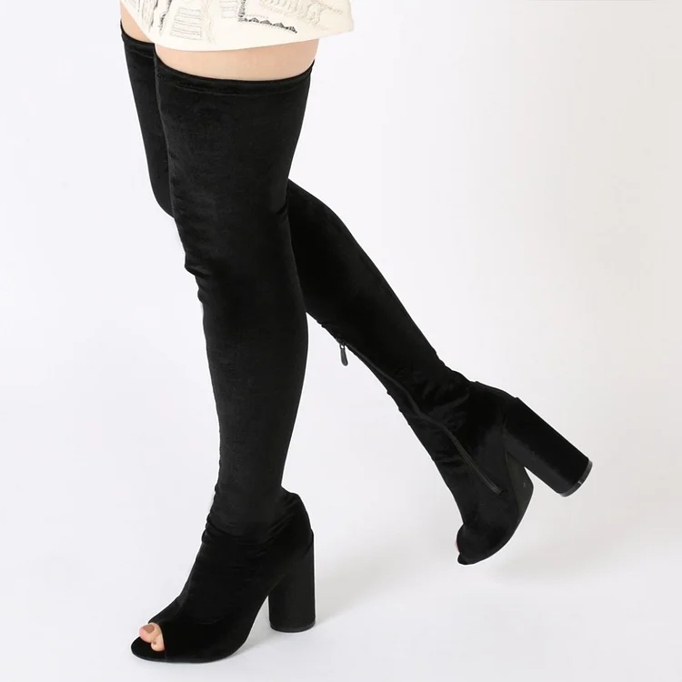 Black Velvet Peep Toe Cylindrical Heel Thigh High Sock Boots |FSJ Shoes