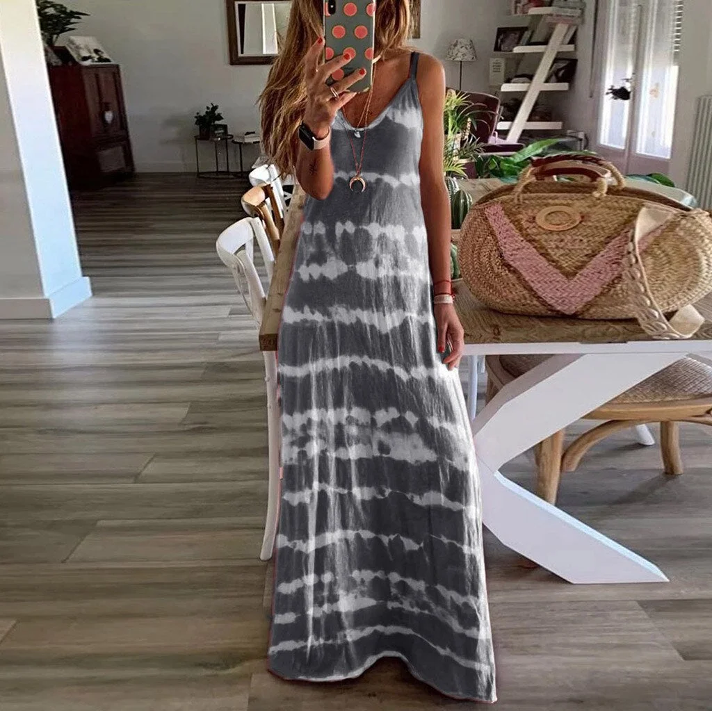 Plus Size Dress Women Gradient Tie-Dye Striped Summer Dresses V Neck Sleeveless Casual Bohemian Maxi Dress Beach Tank Dresses