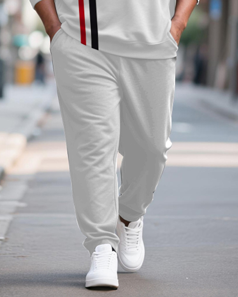 Big & Tall Men's Black And Red Contrast Striped Printed POLO Collar Zipper Long Sleeve Pants Two-piece Set