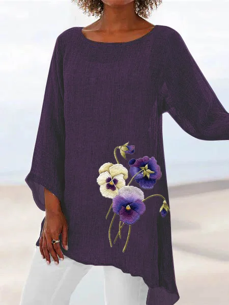 Women's Pansy Flowers Graphic Print Casual Long Sleeve Top