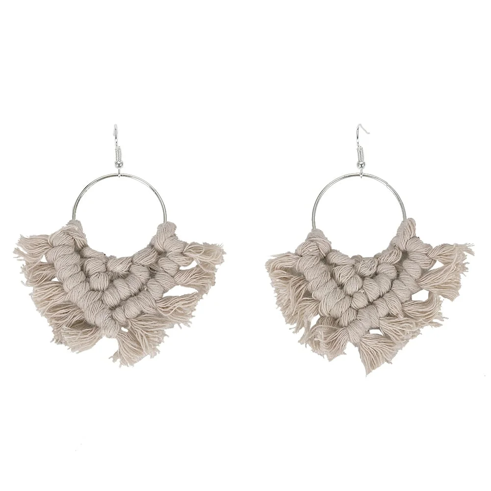 Dvacaman Bohemian Rainbow Handmade Macrame Earrings for Women Cotton Thread Feather Fringe Tassel Dangle Earrings Ethnic Jewelry