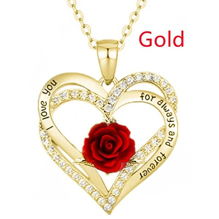 Valentine's Day Golden Heart Shape Rose Letter Engraving Diamond Necklace  Flycurvy [product_label]