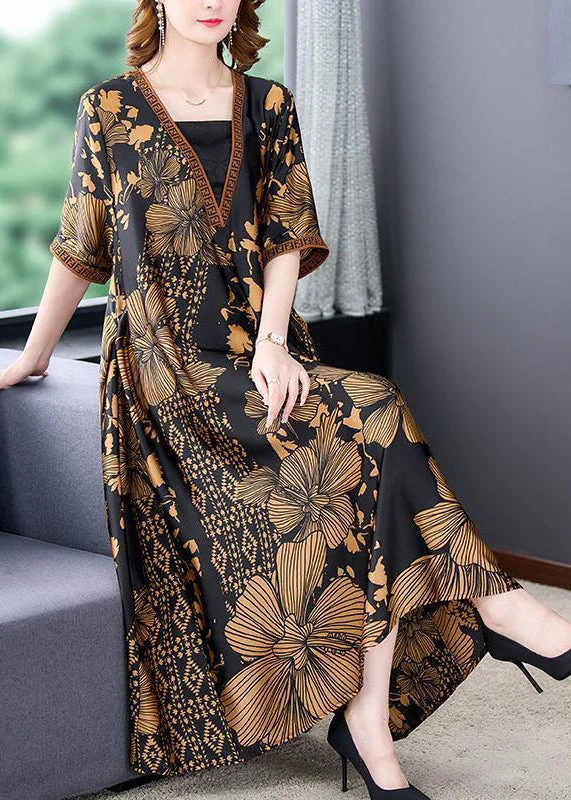 Italian Black V Neck Print Exra Large Hem Draping Silk Dress Summer