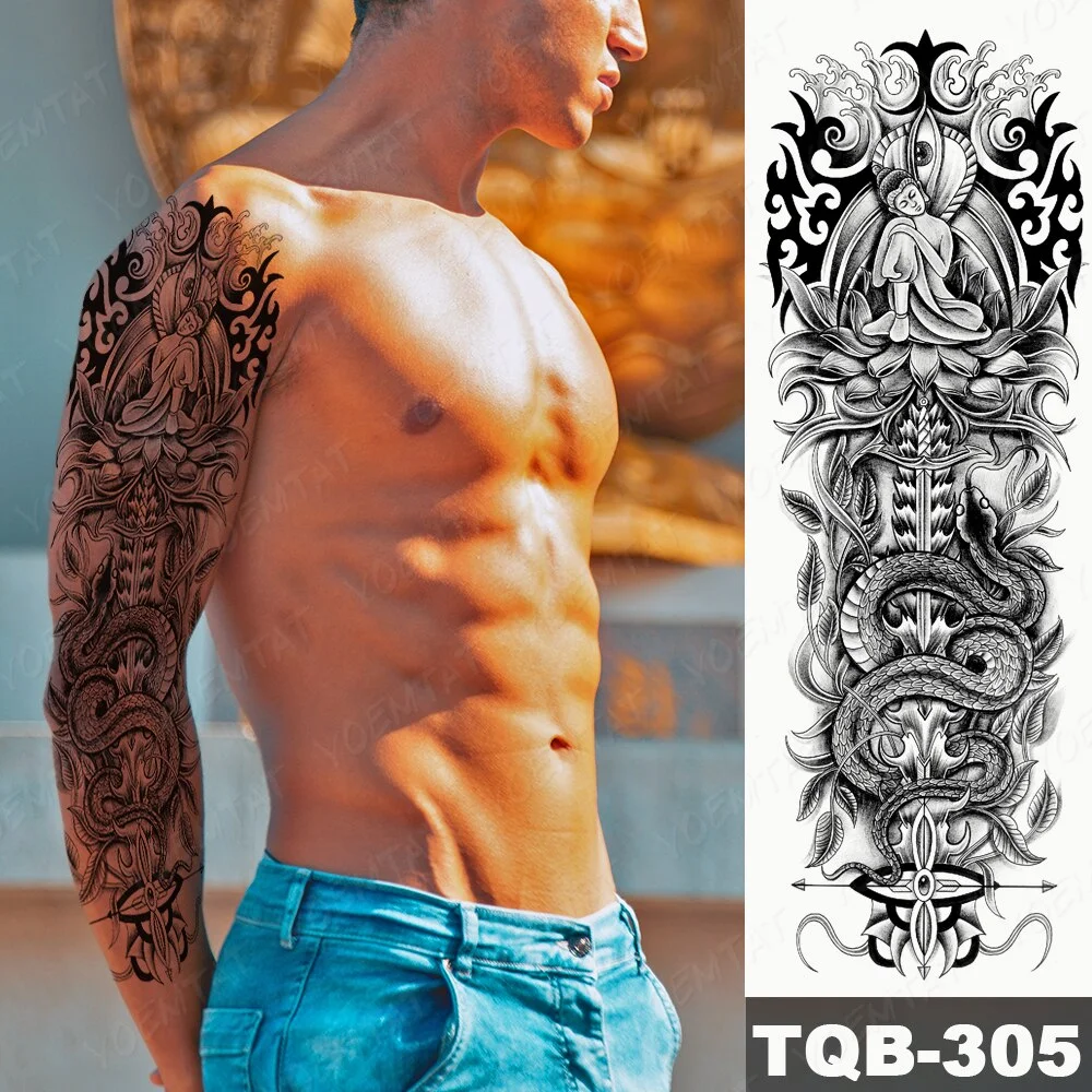 Sdrawing Arm Waterproof Traditional Temporary Tattoo Stickers Women Men Black Line Flowers Koi Crane Thigh Body Art Fake Tattoos