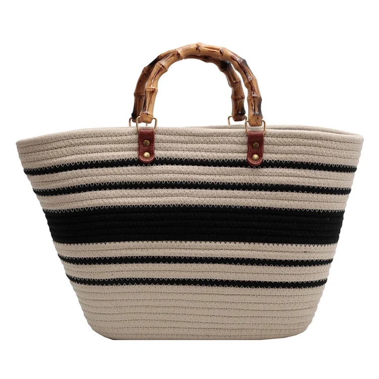 Fashion Beach Bags Bamboo Handle Cotton Woven Tote Striped Exquisite for Travel-Annaletters