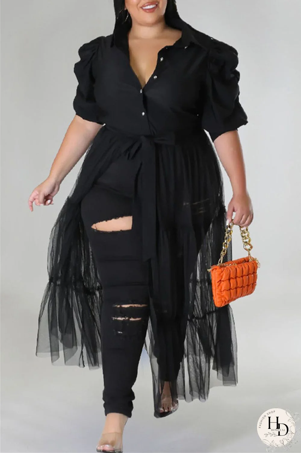 Black Casual Plus Size Solid Patchwork Shirt Collar Shirt Dress