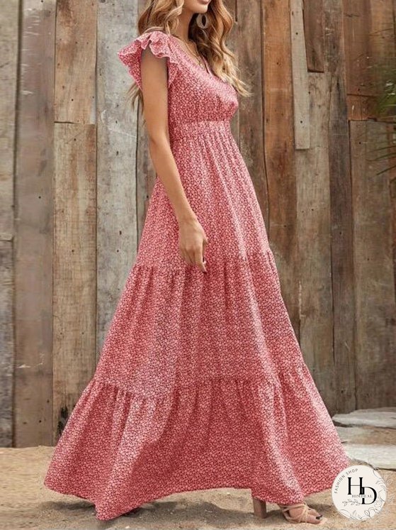 Dresses Floral V-Neck High Waist Ruffle Dress for Women