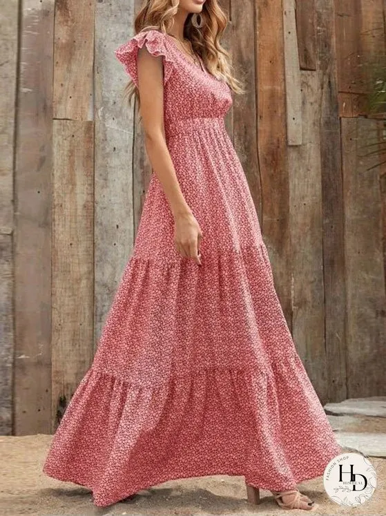 Dresses Floral V-Neck High Waist Ruffle Dress for Women
