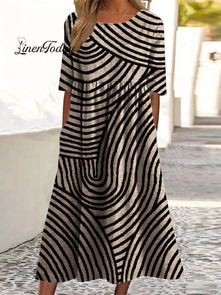 Women’s Retro Hand Drawn Geometric Line Print Pocket Cotton Dress Multicolor / S